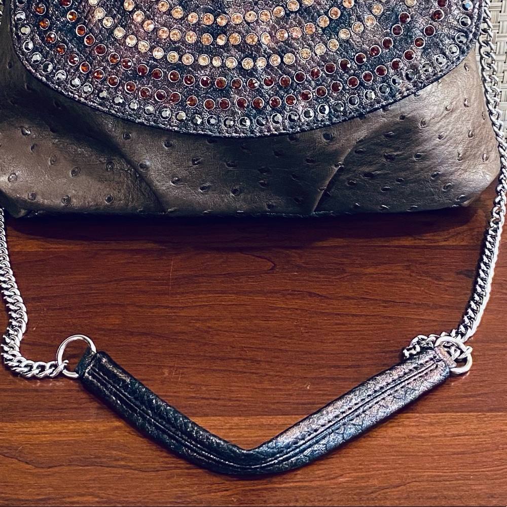 🌟HP🌟EUC Blue Elegance Studded Chrystal Taupe Faux Ostrich Shoulder Bag - Picture 11 of 16